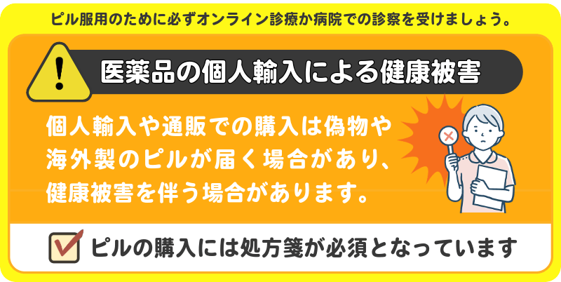注意喚起:ピルは医薬品の個人輸入は健康被害のリスクがあります。